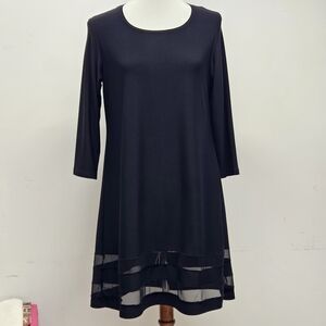 Sympli A-Line Dress Sheer Hem LS Minimalist Classic Midi Size 10 Black LBD Flowy